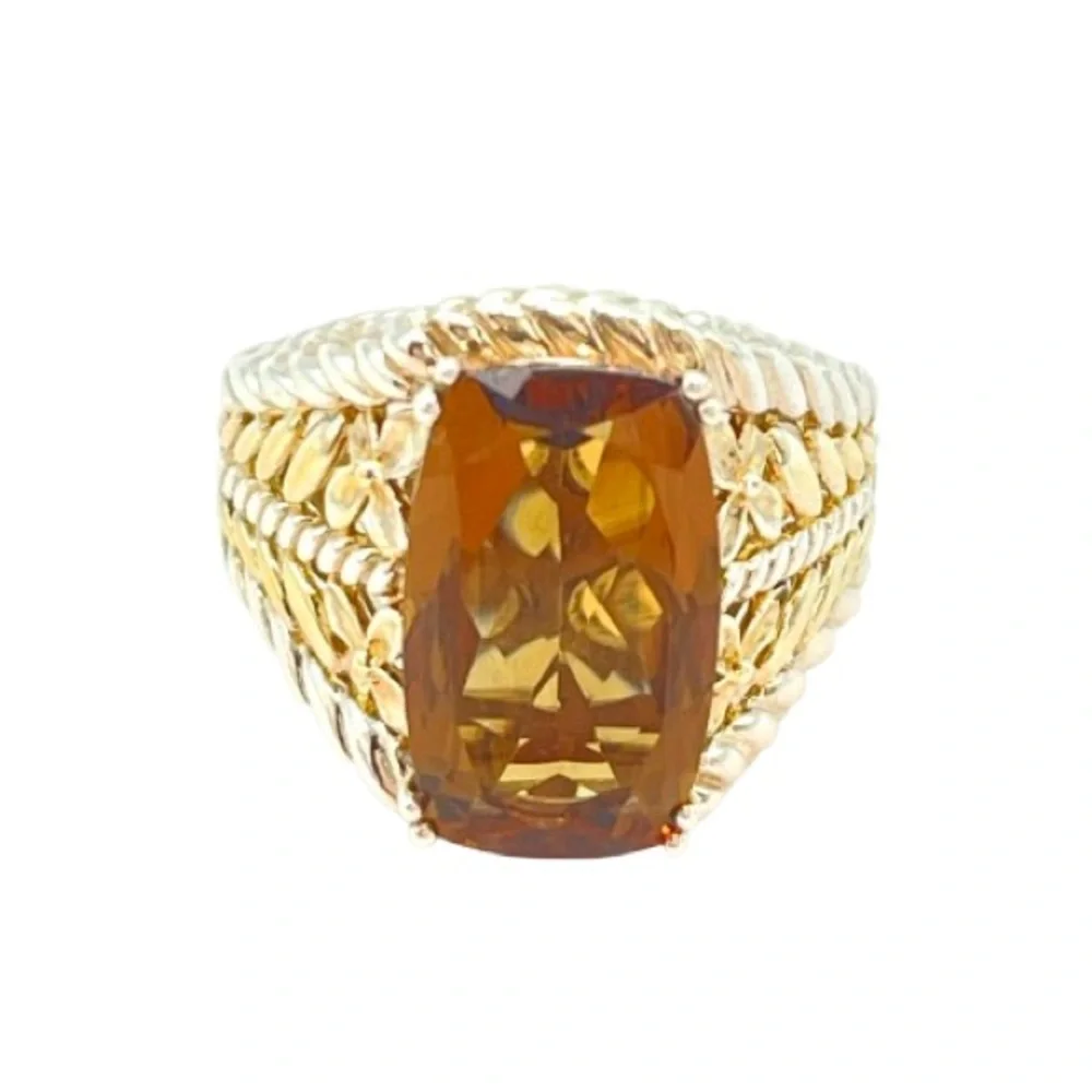 Silver Citrine & Gold Tone Ring | Large Faceted Gem Stone | 925 Sterling